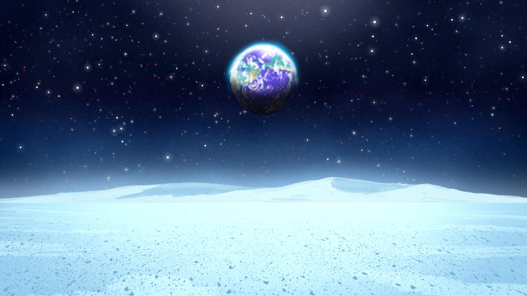 Digital painting of the moon's surface, with the earth visible in the distant sky.